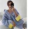 Spring Autumn Women's Fashion Color Blocking Striped Shirt Korean Style Loose Fit Slimming Medium-Length Base Shirt Casual