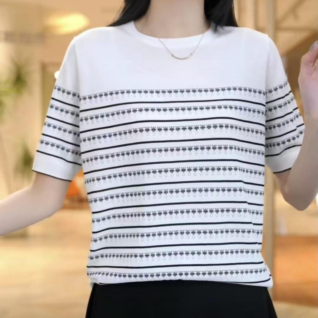 Женская полосатая трикотажная рубашка из ледяного шелка, футболка с коротким рукавом, летний свободный топ