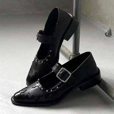 Модные высококачественные кожаные женские туфли, сексуальные туфли Мэри Джейн с острым носком и металлической пряжкой, женские панк-черные элегантные туфли на каблуке