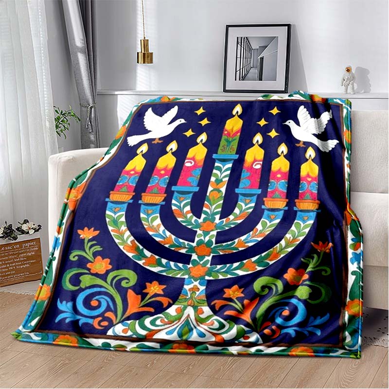 Jewish Hanukkah Golden Menorah Dove Star Of David Vintage Blue Red Border Print Soft Flannel Throw Blanket Warm Sofa Bed Decor Cover For Holiday Fans