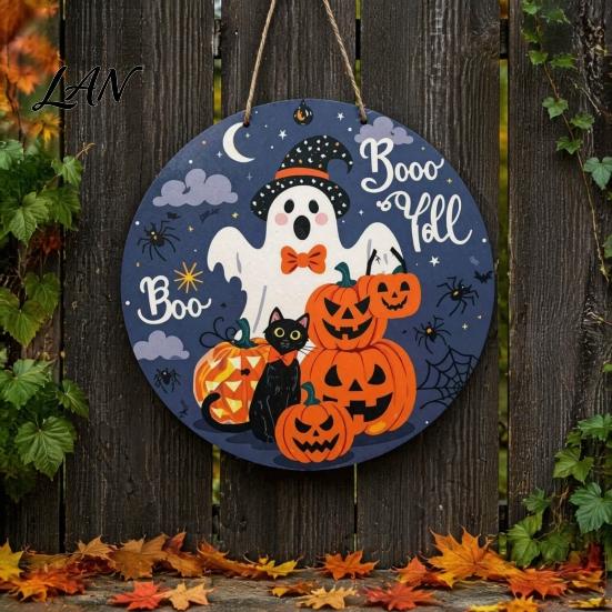 Indoor Outdoor Holiday Ornament Halloween Boo Wood Door Hanger Sign with Cute Ghost Black Hat Pumpkin Print, Front Decorative Craft Gift Porch