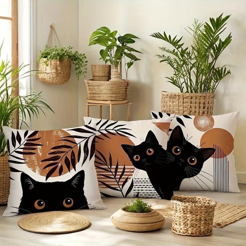 Black Cat Boho Pillow Covers Double-Sided Printed Botanical Terracotta Throw Pillow Cases For Sofa Bedroom Living Room