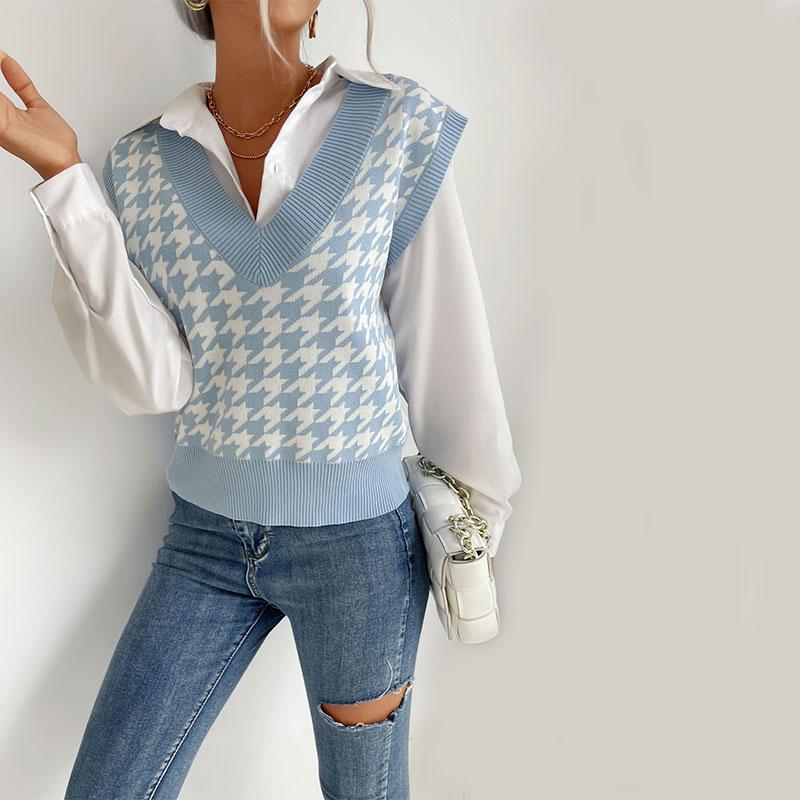 YYFS Women's Fashion Casual Houndstooth Print Autumn Winter Sleeveless V-Neck Sweaters
