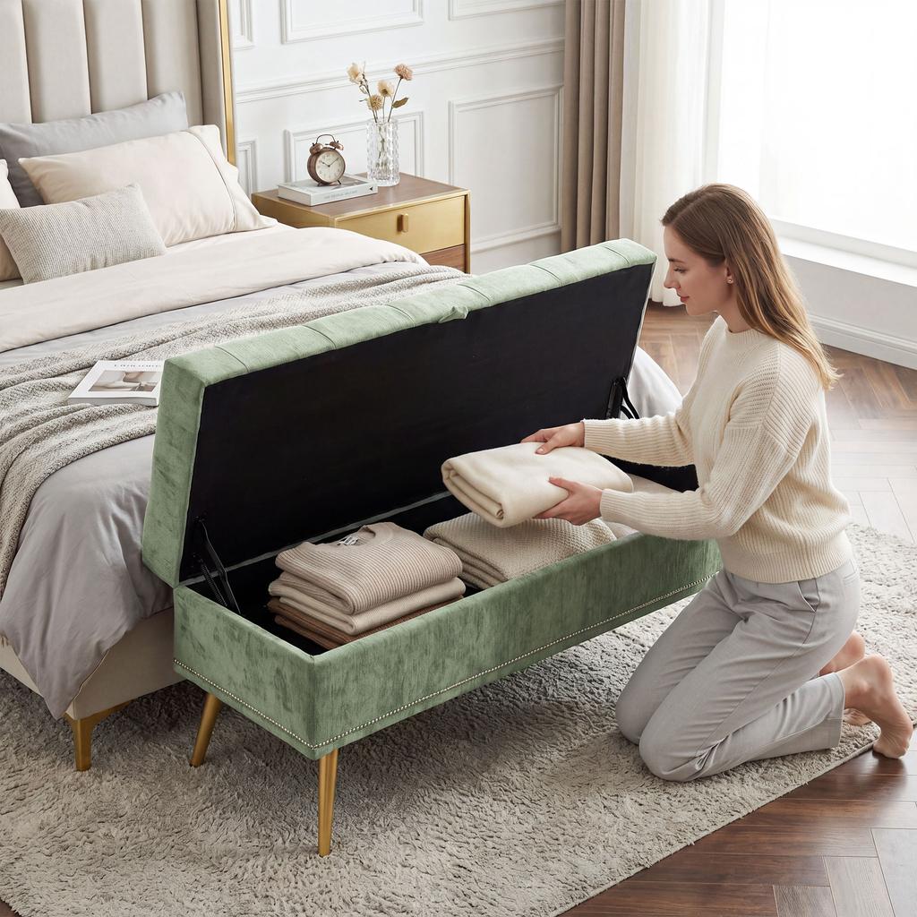 Storage Ottoman Chenille Upholstered Ottoman Storage Box With Padded Seat Metal Legs 114 X 41 X 45 Cm Light Green