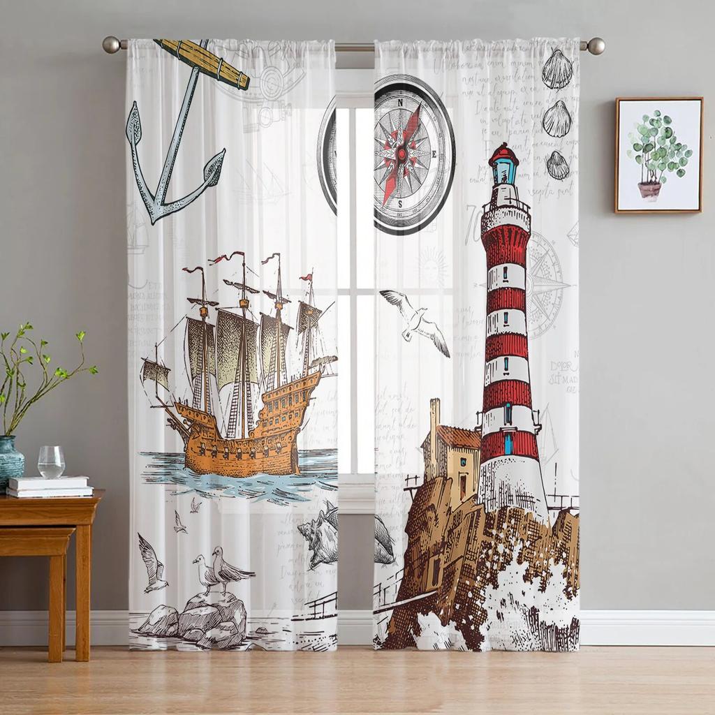 Retro Illustration Lighthouse Sailing Bedroom Transparent Sheer Curtains Holiday Decoration Window Voile Tulle Curtain