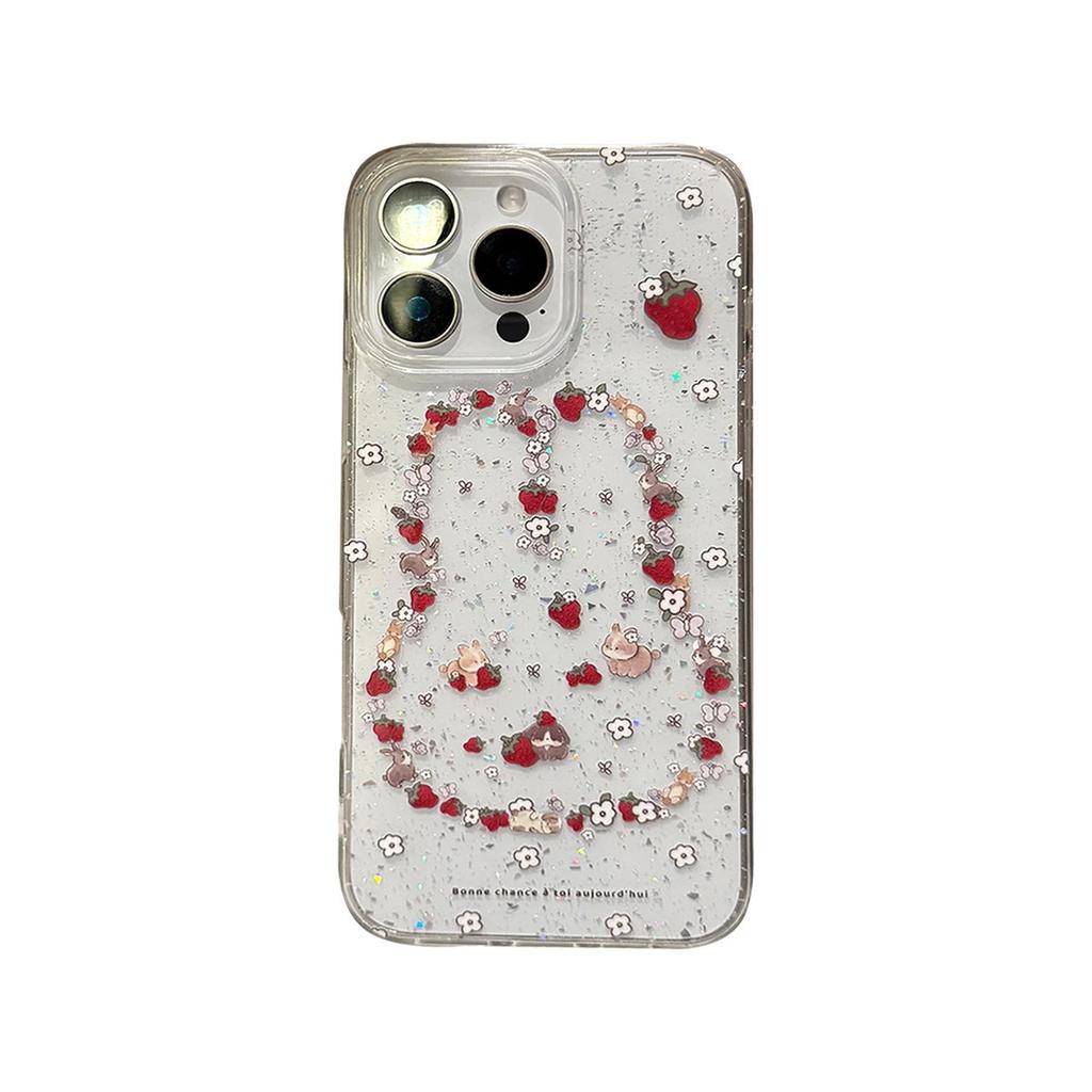 Broken flower strawberry rabbit for iPhone17/16pro mobile phone case Apple 15 glitter 14 soft case 12 fresh 13