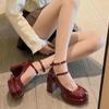 Fashion 2024High Heels Women's Spring Autumn Pumps Shoes Red Black Retro Thick Soled Jane Ankle Buckle 9cm Chunky
