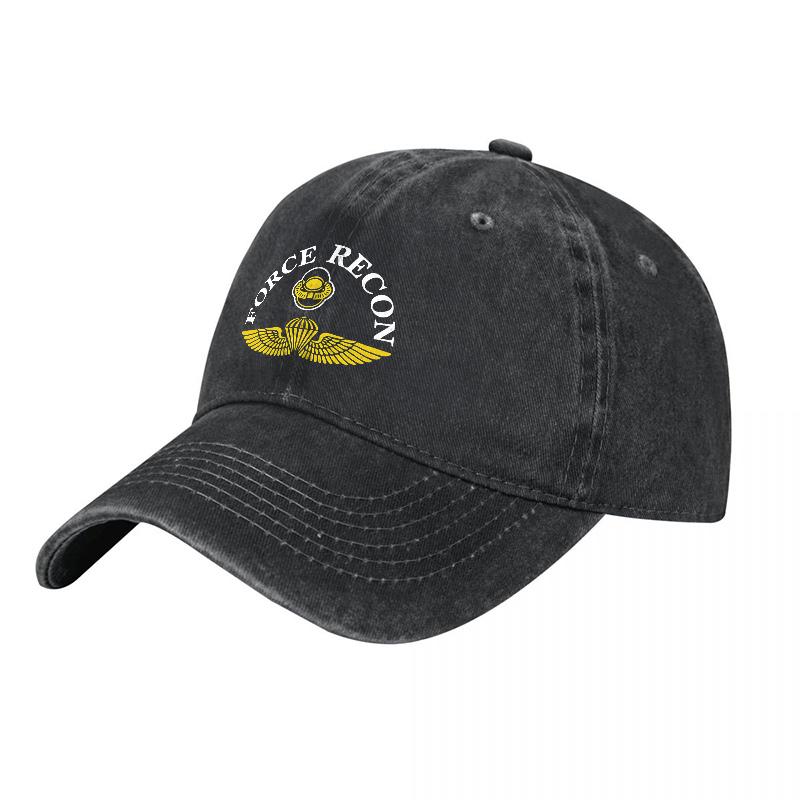 Force Recon Embroidered Washed Cotton Baseball Cap With Gold Wings Logo Black Adjustable Fit Classic Style Outdoor Hat