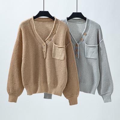 Женский осенне-зимний трикотаж, свободный свитер с V-образным вырезом и пуговицами, однотонный свитер