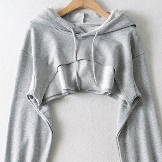 Женская короткая толстовка с капюшоном, однотонная, с длинными рукавами, с завязками на резинке, свободная, индивидуальная, спортивная, уличная, повседневная, топ