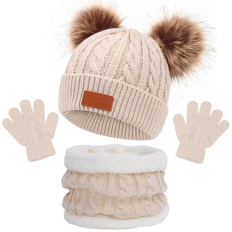 3 шт./компл. детская зимняя шапка-бини, шарф, перчатки, теплый комплект для детей 1-5 лет, для девочек и мальчиков, теплая вязаная шапка с двойными помпонами
