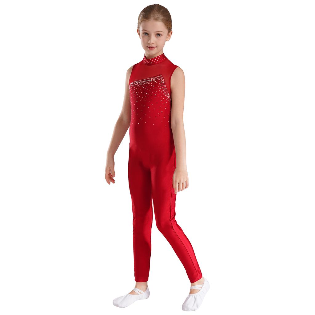 Детский купальник для девочек без рукавов со стразами, круглый вырез, для фигурного катания, гимнастики, платье-комбинезон