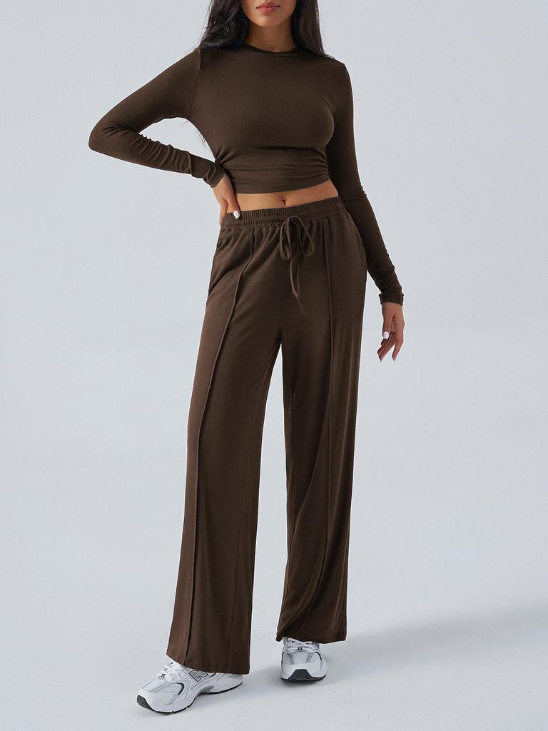 European and American suits autumn and winter women's tether solid color waist fashion wide-leg casual trousers women