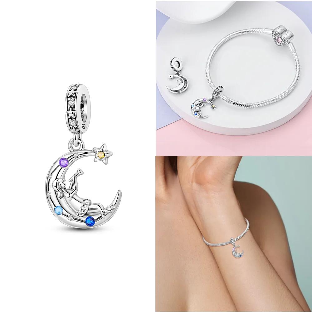 Authentic copper Charm Moon Yellow Stars Blue Zircon Feathers Bead Charms Compatible With Bracelets Women Diy Accessory Valentines Fine Gift
