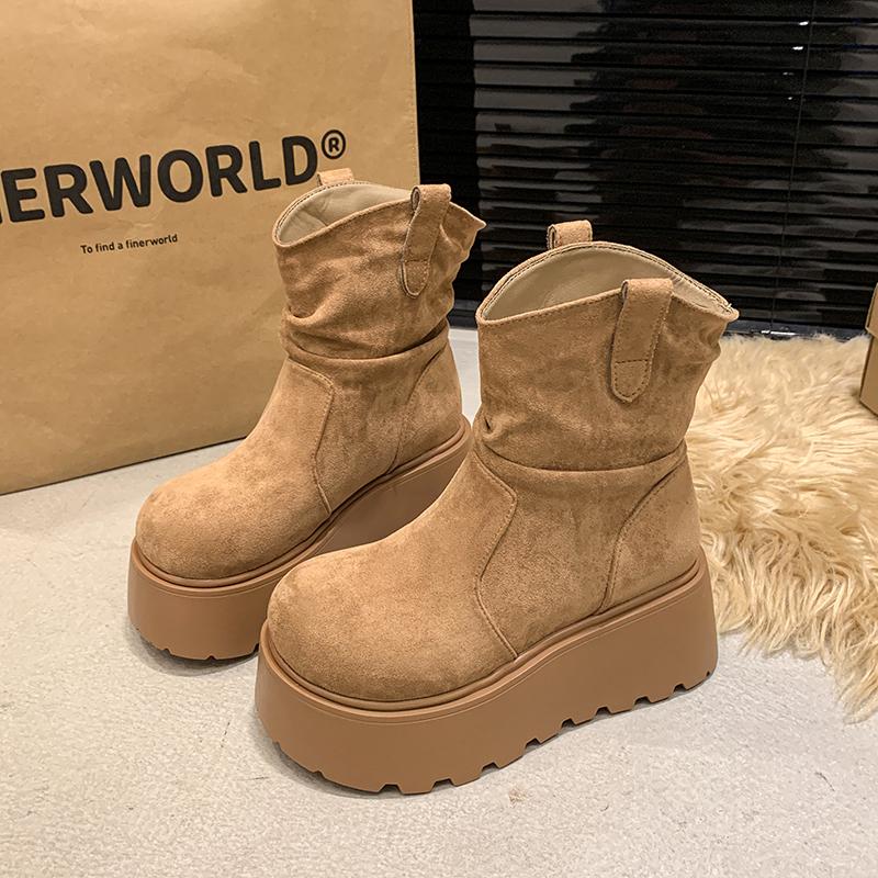 Женские зимние ботинки на плоской подошве, замшевые туфли на платформе и высоком каблуке, брендовая повседневная обувь из хлопка, зимняя мода 2025 года, готические удобные ботинки Mujer