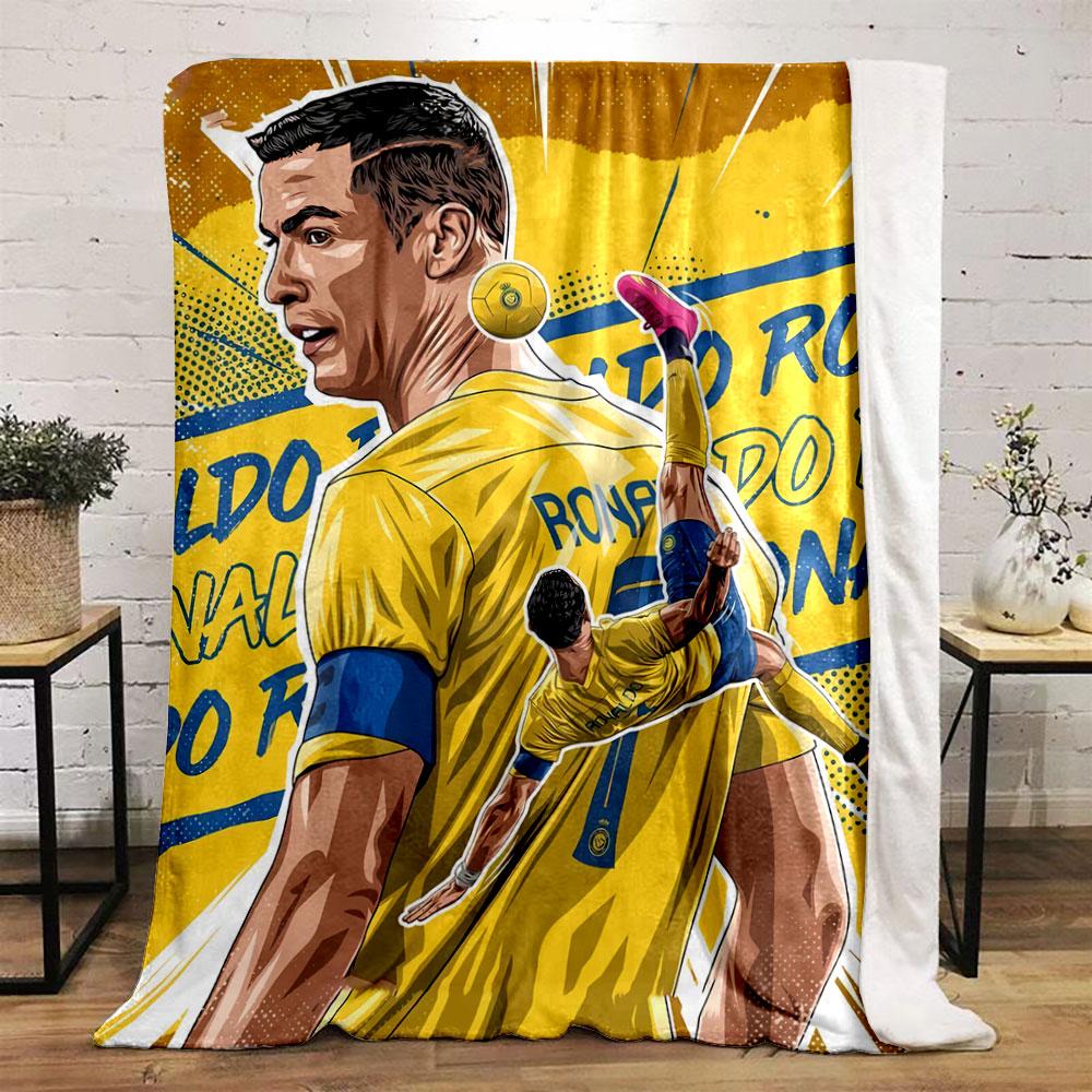 A dynamic soccer-themed illustration with bold yellow and blue colors. for all seasons blanket lunch break throw gift