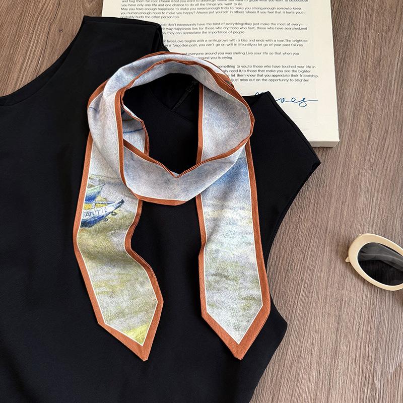 Silk Scarf Long Strip High Sense Spring and Summer Versatile Oil Painting Headscarf Headband Tied Bag Streamer Decorative Scarf Multi-purpose Belt