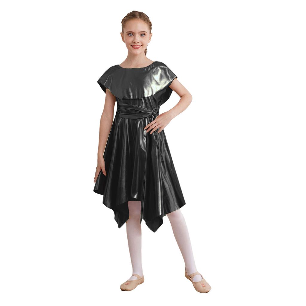 Girls Praise Dance Metallic Tunic Asymmetrical Hem Belted Choir Dress Performance Gown