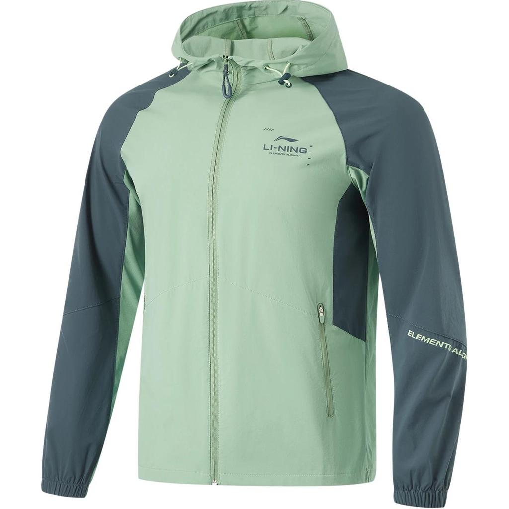 Мужская спортивная ветровка Li Ning Fitness Series с цветными буквами на молнии и капюшоном, удобная дышащая, цвет зеленый, темно-синий AFDU157-5