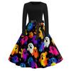 Women's Casual Halloween Print Retro Dress Long Sleeve Round Neck Vintage Style Midi Dress with Belt and Flared Skirt Suitable for Seasonal Wear