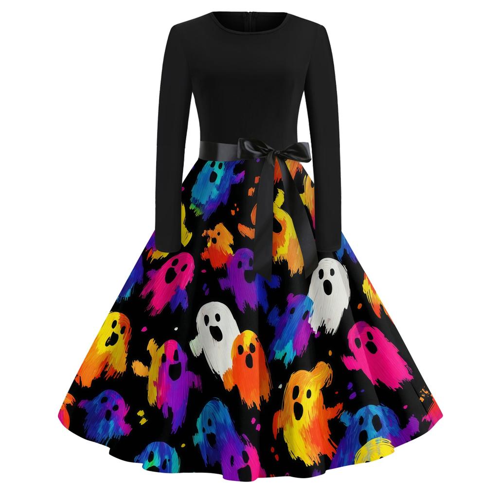Women's Casual Halloween Print Retro Dress Long Sleeve Round Neck Vintage Style Midi Dress with Belt and Flared Skirt Suitable for Seasonal Wear