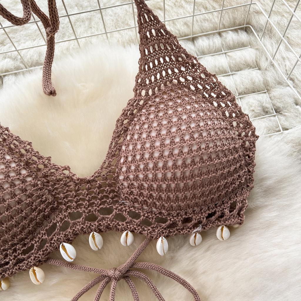 Summer Vacation Sexy Suits Strapless Halter Backless Bikini Set Drawstring Tassel Skirt Women Beach Knitted Fashion Two Pieces Suits