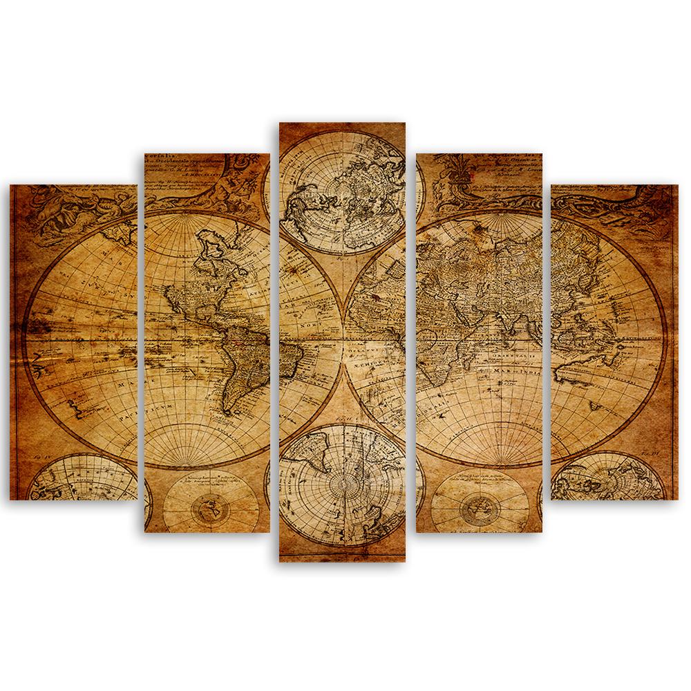 Five piece picture canvas print Old World Map