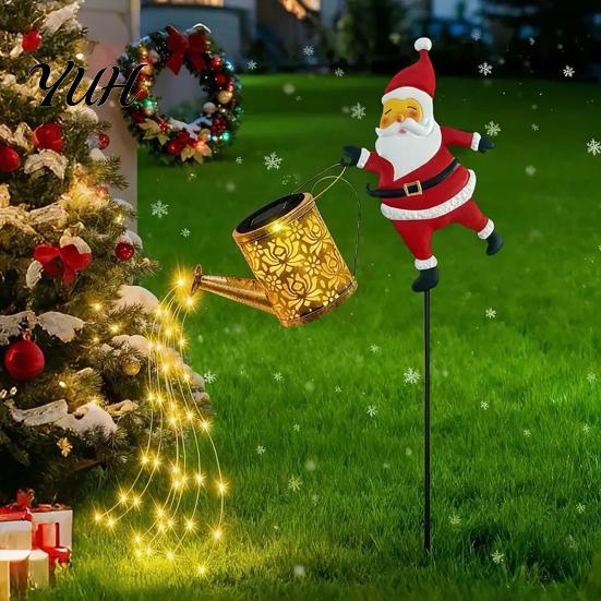Decorative Flower Bed Stakes Christmas Solar Santa Kettle Light, Solar-Powered Claus Watering Can Stake Lamp Outdoor Fairy Lights for Garden with LED
