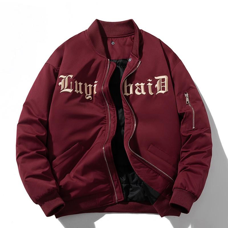 Mens Winter Embroidered Baseball Jacket Casual Loose Fit Hoodless Bomber Style Outerwear Daily Wear