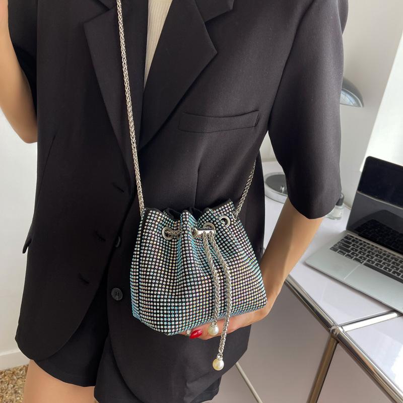 Fashion Women Drawstring Rhinestones Shoulder Bag Luxury Bucket Crossbody Bag