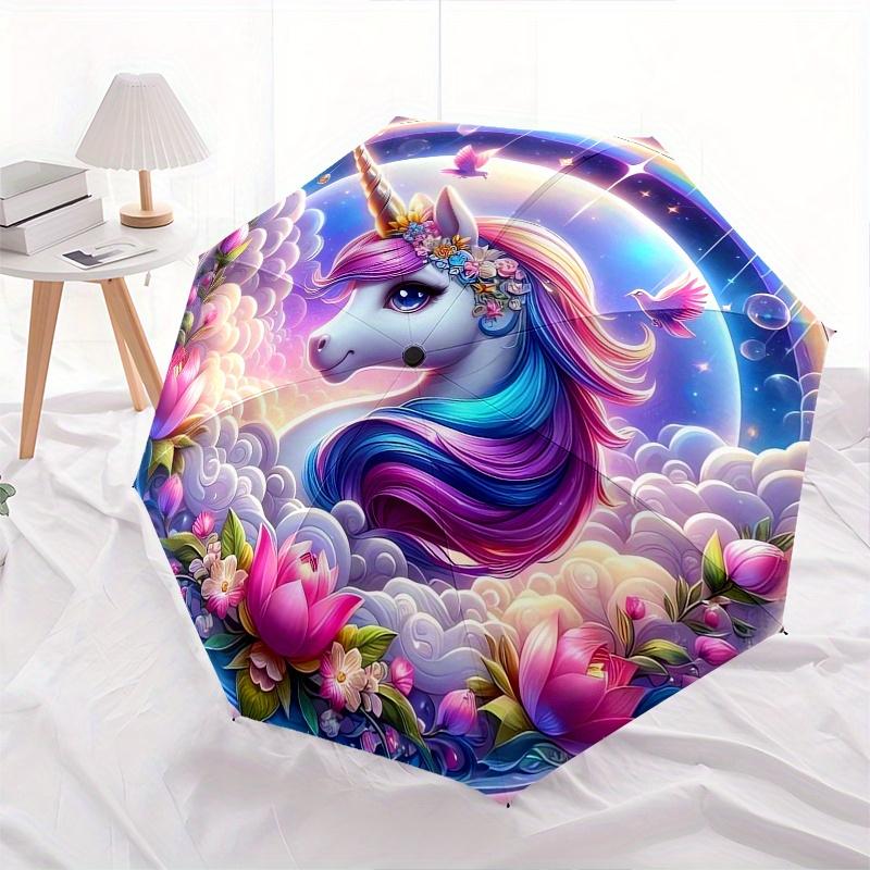 Unicorn Fantasy Automatic folding umbrella simple eight rib design, bright color pattern, durable iron frame, ideal for travel and outdoor,