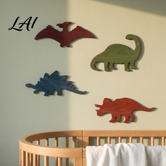 Kids Room Background Wall Art 4Pcs/Set for Room Decor Wooden Dinosaur Retro Stegosaurus Plesiosaur Hanging Boys And Pterosaur with Hooks Nursery