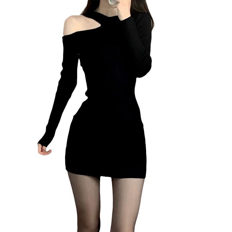 Женское облегающее однотонное платье с открытыми плечами Pure Wind Sexy Royal Sister Wind Bottom Sweater Wrapped Hip Dress