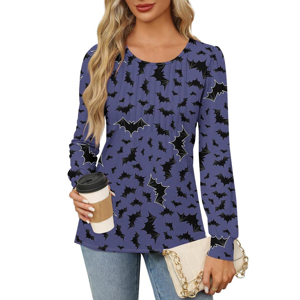 Long Sleeve Shirts For Women Cute Print Graphic Tees Blouses Dressy Casual Blouses Pleated Scooped Neck Tunic Tops Halloween