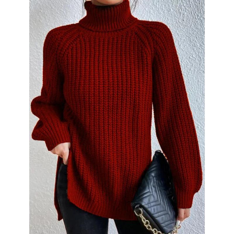 Autumn and Winter Women's Plus Size Knit Sweater Medium Long Shoulder Sleeve High Lapel Split Sweater Dress