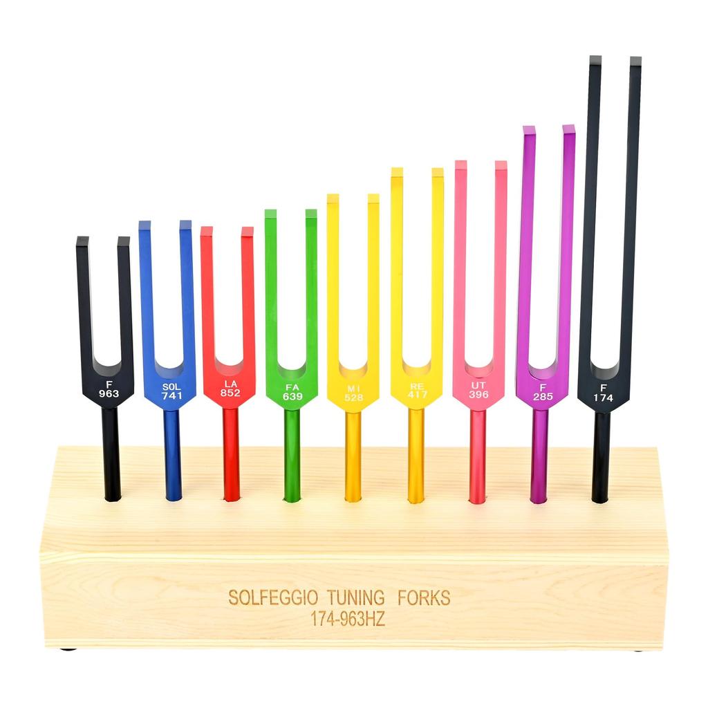 Dreld Tuning Fork Chakra Sound Healing Therapy Tool for and with Silicone Hammer and Wooden Stand for Better Resonance and Silver 285 396 417 528 639
