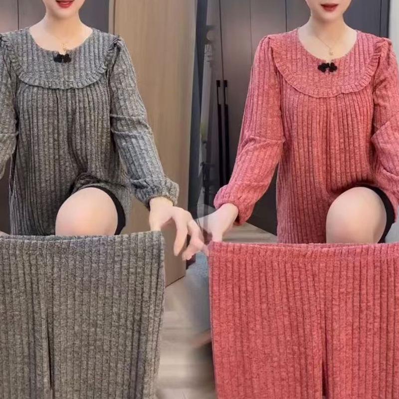 Женский вельветовый пижамный комплект - Цельный, с круглым вырезом, свободный, удобная домашняя одежда для осени/зимы