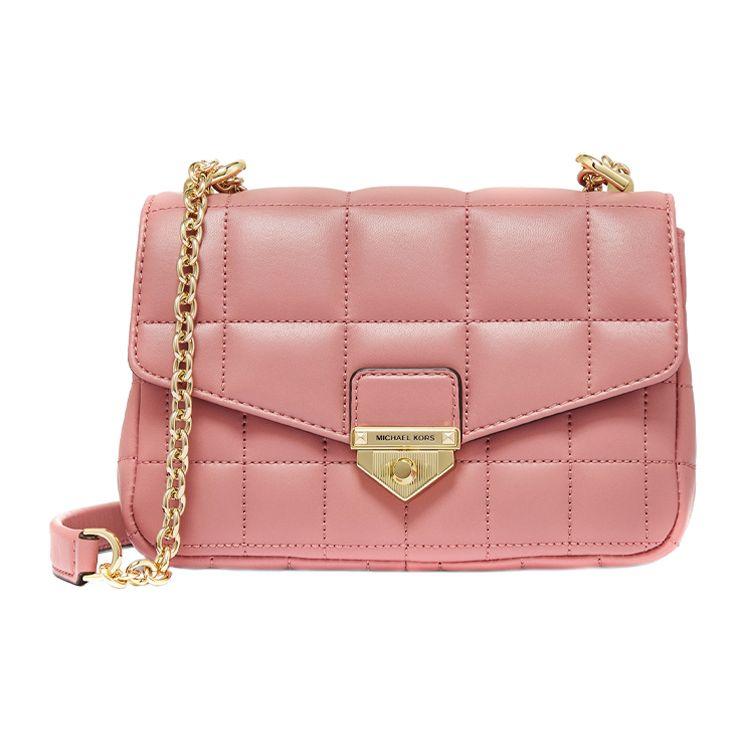 Michael Kors MK Soho Стеганая Сумка на Цепочке с Клапаном Однотонная Винтажный Стиль Кожаная Сумка на Плечо для Поездок Женская сумка на плечо Розово-Розовый 30H0L1SL1T-622