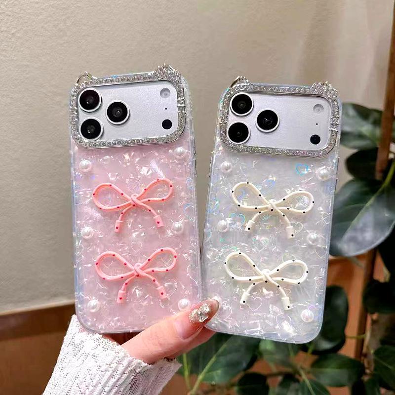 Чехол-бампер для iPhone 17 Pro Max, жемчужный, с корейским узором в виде банта