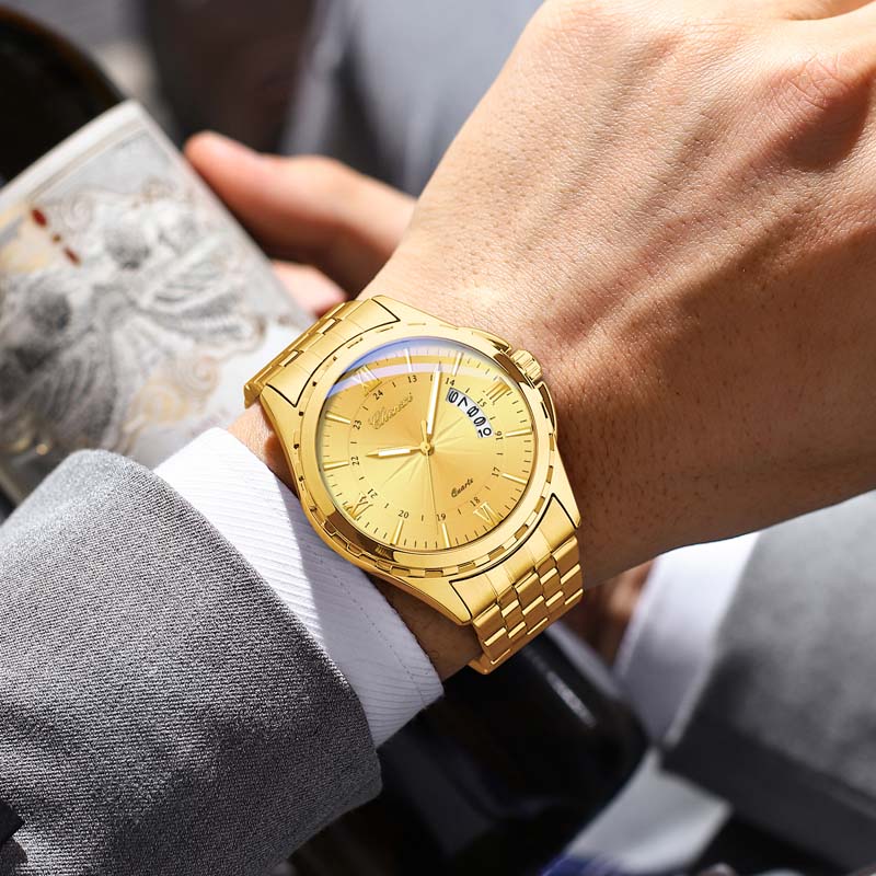 CHENXI Brand Gold Man Watch Fashion Business Waterproof Calendar Quartz Wristwatch Men's Clock Stainless Steel Watchband