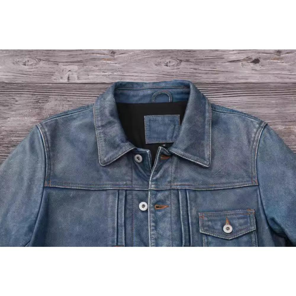 Китайский размер винтажная синяя натуральная кожаная куртка мужская 506 стиль Slim Fit короткая воловья кожа мужское кожаное пальто осень