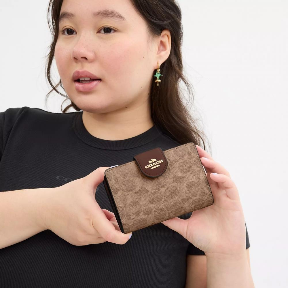 Coach Medium Corner Zip Wallet In Signature Canvas Gold Tan Brown