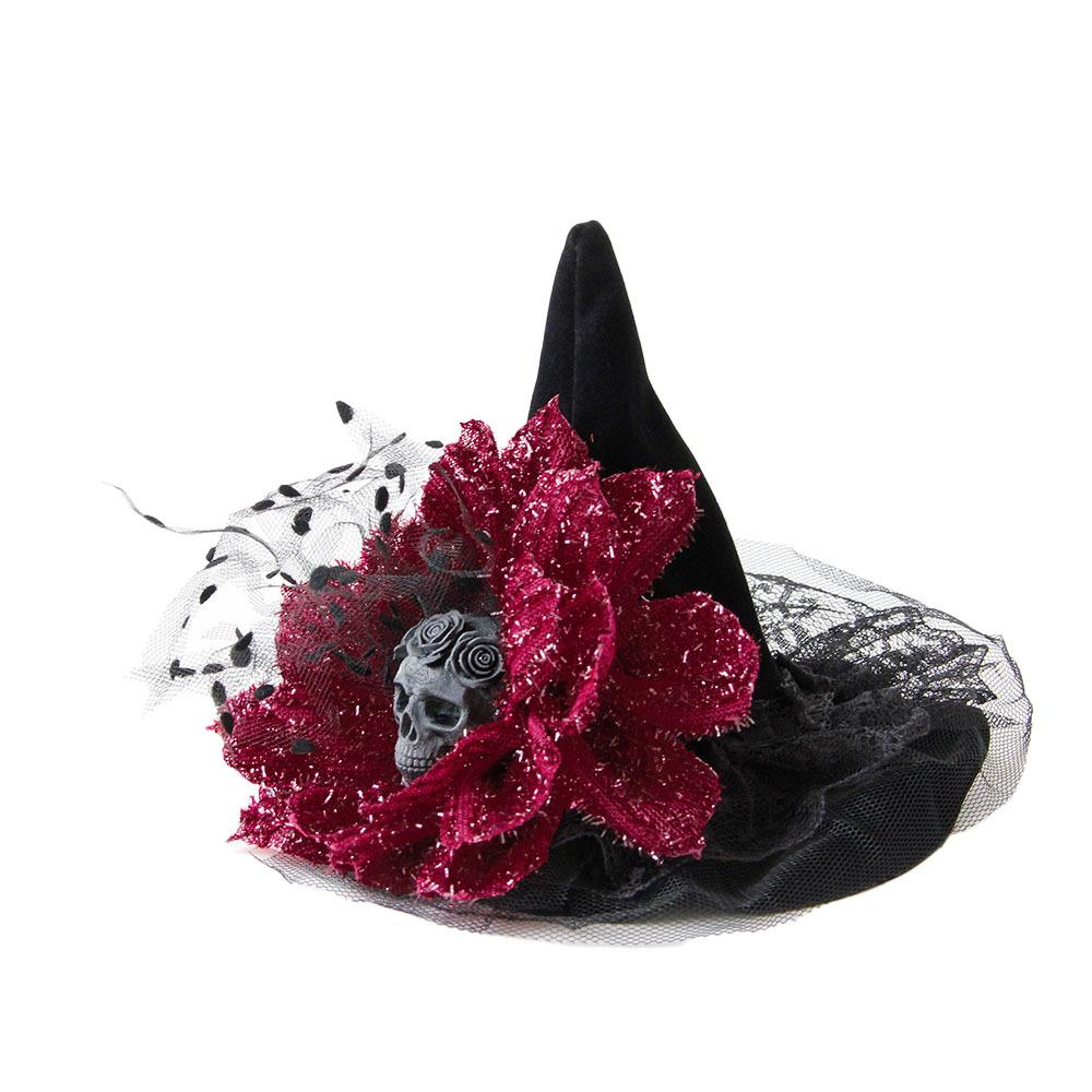 Skull Hair Accessories Vintage Gothic Witch Hat Red Rose Pointed Hat Ball Party Headgear FJ--