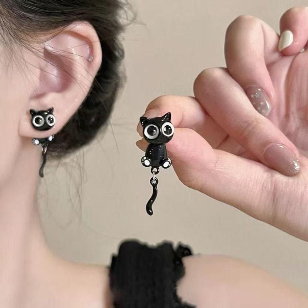 Sweet Black Cat Drop Earrings Alloy Light Luxury Earrings Black Kitten Earrings For Girl Women
