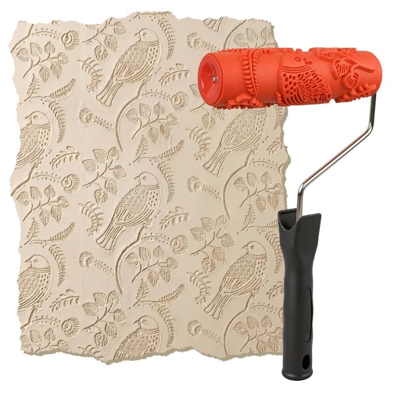 Decorative Texture Paint Roller with Bird and Leaf Embossed Rubber, 7 Inch Wall Pattern Roller for Accent Walls and DIY Paint Projects