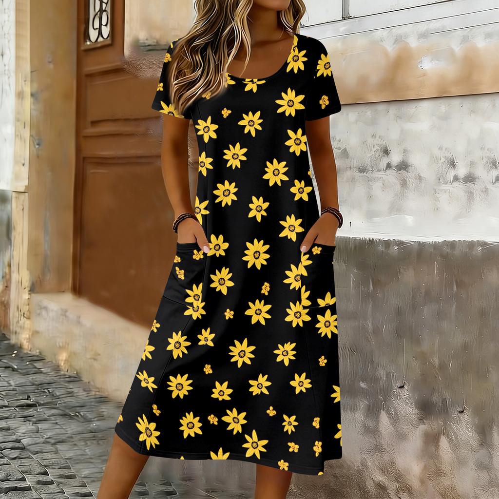 Women’s Short Sleeve Midi Dress with Maple Leaf Print Relaxed Fit Crew Neck Casual Pockets Soft Fabric Comfortable Wear