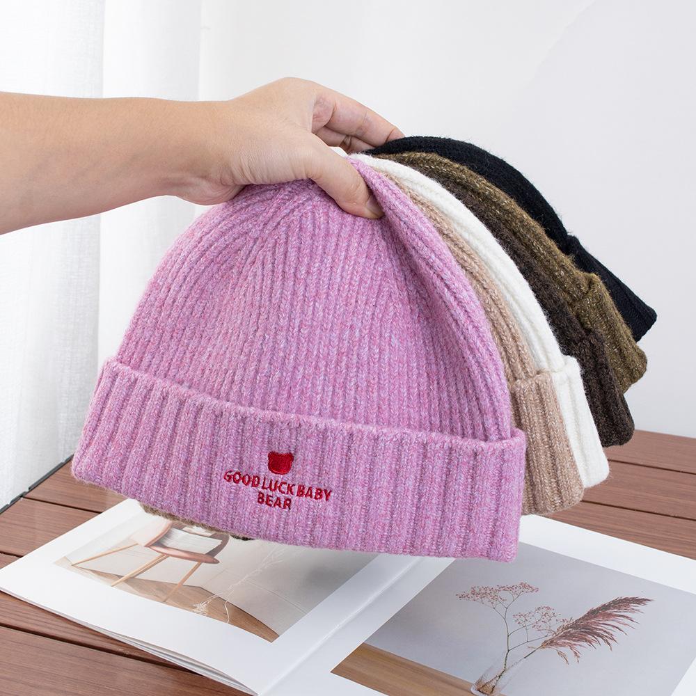 Cute bear face small knitted hat women's winter versatile face embroidery wool hat ear protection warm cold hat