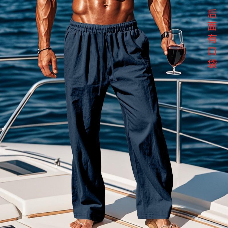 Мужские брюки большого размера из хлопка и льна, дышащие и влагоотводящие, однотонные брюки, базовые повседневные брюки широкого кроя