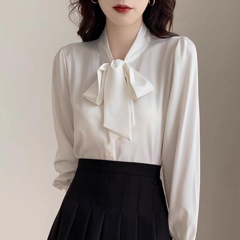 Women Blouses Shirts 2025 Spring Long Sleeve Women Blouse Shirt Bow Collar Black White Chiffon Blouse Shirt Women Tops J862