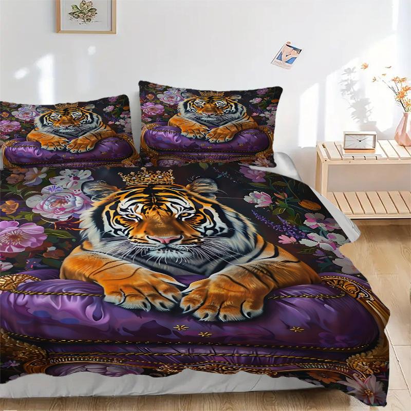 3pcs Tiger Throne Floral Decor Duvet Cover Set, 1 Duvet Cover + 2 Pillowcases (No Insert), High-Definition Print, Home & Dorm yy251123033